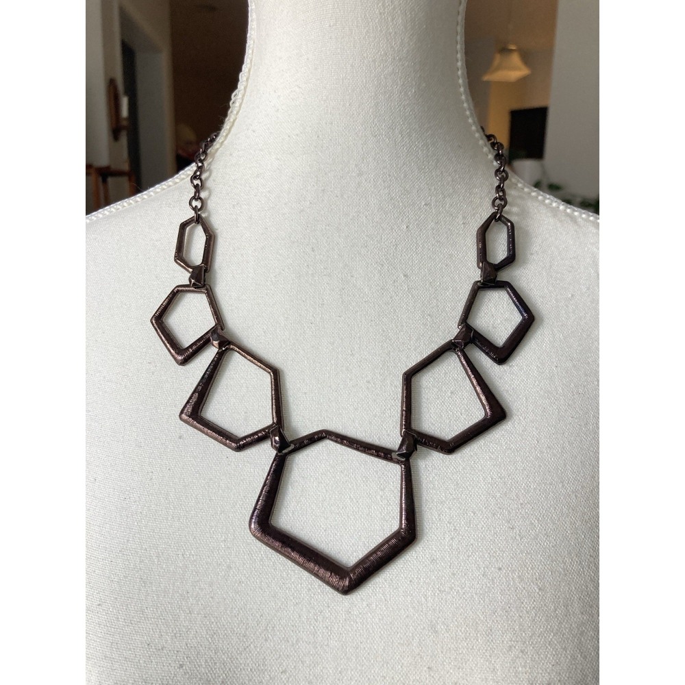 Bronze Tone Geometric Bib‎ Necklace Open Pentagon Modernist Statement Abstract